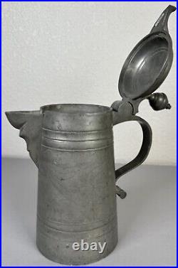 Antique 18th Century German Engraved Tulips Pewter Flagon Tankard Stein with Lid