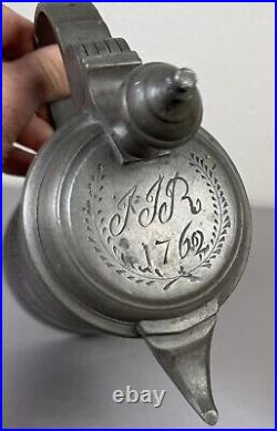 Antique 18th Century German Engraved Tulips Pewter Flagon Tankard Stein with Lid