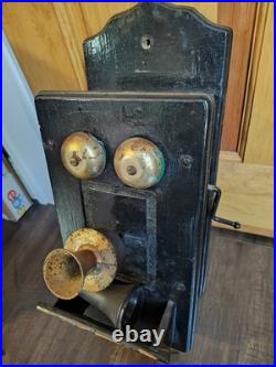 Antique 1900s Hand Crank Wood Wall Mount Telephone Complete Electronics