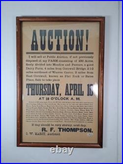 Antique 1902 Framed AUCTION Poster 230 Acres 2 Miles From Flat Rock Or Bates Pla