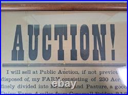 Antique 1902 Framed AUCTION Poster 230 Acres 2 Miles From Flat Rock Or Bates Pla