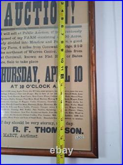 Antique 1902 Framed AUCTION Poster 230 Acres 2 Miles From Flat Rock Or Bates Pla