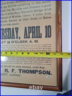 Antique 1902 Framed AUCTION Poster 230 Acres 2 Miles From Flat Rock Or Bates Pla