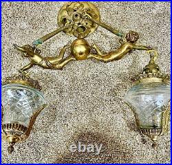 Antique 1920's France French bronze putti cherub chandelier pendant lamp glass
