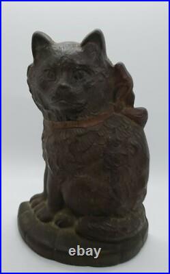 Antique 1929 cast iron angora cat kitten with bow Connecticut Foundry doorstop