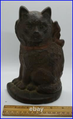 Antique 1929 cast iron angora cat kitten with bow Connecticut Foundry doorstop