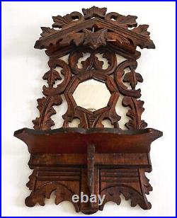 Antique 19th C Black Forest Wall Shelf With a Unique Carved Top Awning withMirror