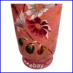 Antique 19th Century French Painted Floral Opaline Pink Glass Vase Artist Cipher