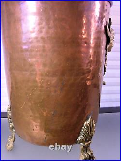 Antique 19th Century Hammered Copper Brass Bucket Bin Claw Feet Face