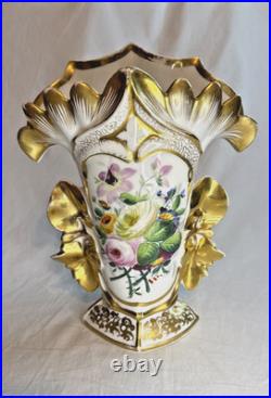 Antique 19th Century Mantel Vase Old Paris Porcelain Flowers Gold Gilding 10