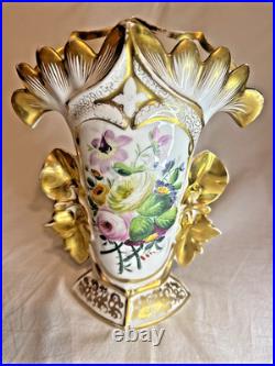 Antique 19th Century Mantel Vase Old Paris Porcelain Flowers Gold Gilding 10