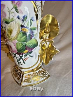 Antique 19th Century Mantel Vase Old Paris Porcelain Flowers Gold Gilding 10