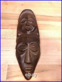 Antique 2 AFRICAN Tribal Face Mask Wood Hand Carved Wall Hanging Totem Vintage