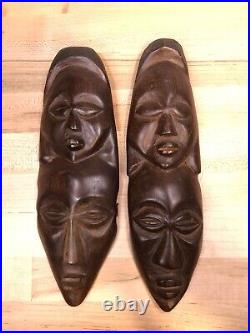 Antique 2 AFRICAN Tribal Face Mask Wood Hand Carved Wall Hanging Totem Vintage