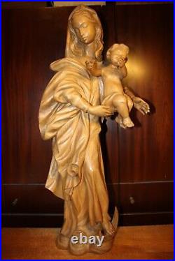 Antique 28 Wood Hand Carved Our Lady Virgin Mary Madonna + Jesus Christ Statue