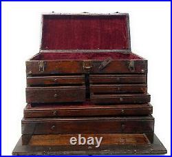 Antique 7 Drawer Vintage Machinist Wood Wooden Oak Tool Box & Mirror Jewelry etc