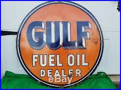 Antique All Original Porcelain 30 Inch One Sided Gulf Fuel Oil Dealer Sign