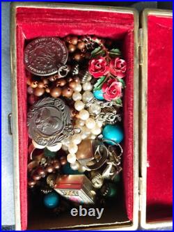 Antique Alligator Leather Jewelry Box with Vintage Medals & Trinkets