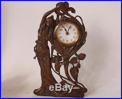 Antique Art Nouveau Bronze Sculptural Patinated Desk Clock withWoman Figure c. 1900