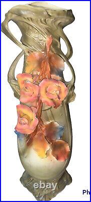 Antique Art Nouveau Royal Dux Porcelain Vase Czech Republic Dripping Roses 20