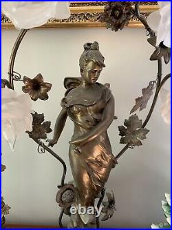 Antique Art Nouveau Spelter French Figural Newel Post Statue Lamp