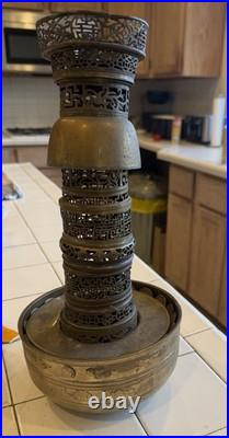 Antique Asian Brass Incense Burner Lot Pierced Lattice Stands & Engraved Bowls