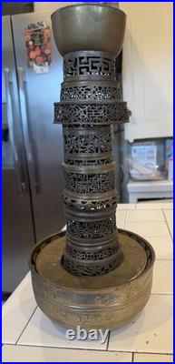 Antique Asian Brass Incense Burner Lot Pierced Lattice Stands & Engraved Bowls