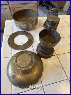 Antique Asian Brass Incense Burner Lot Pierced Lattice Stands & Engraved Bowls