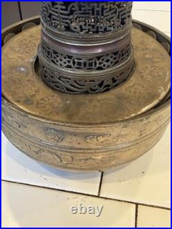 Antique Asian Brass Incense Burner Lot Pierced Lattice Stands & Engraved Bowls