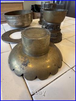 Antique Asian Brass Incense Burner Lot Pierced Lattice Stands & Engraved Bowls