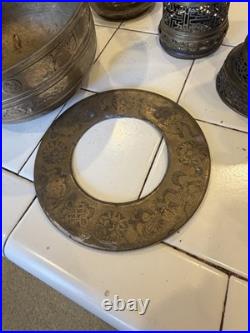 Antique Asian Brass Incense Burner Lot Pierced Lattice Stands & Engraved Bowls