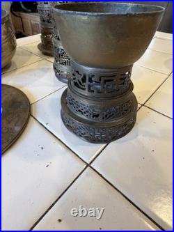Antique Asian Brass Incense Burner Lot Pierced Lattice Stands & Engraved Bowls