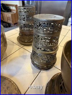 Antique Asian Brass Incense Burner Lot Pierced Lattice Stands & Engraved Bowls