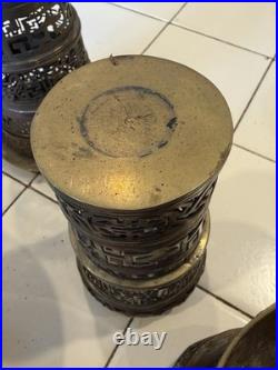 Antique Asian Brass Incense Burner Lot Pierced Lattice Stands & Engraved Bowls
