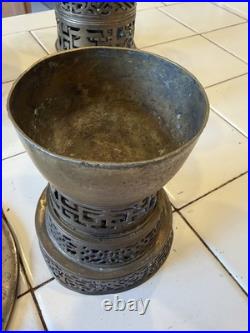 Antique Asian Brass Incense Burner Lot Pierced Lattice Stands & Engraved Bowls