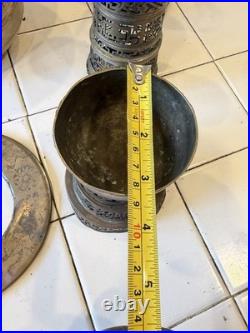 Antique Asian Brass Incense Burner Lot Pierced Lattice Stands & Engraved Bowls