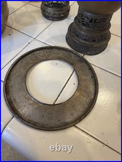 Antique Asian Brass Incense Burner Lot Pierced Lattice Stands & Engraved Bowls