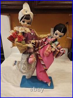 Antique Asian Dolls Dress Silk Wood Stand Rare 19 Tall