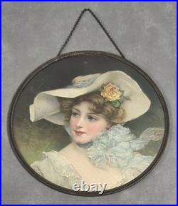 Antique BEAUTIFUL WOMAN Lithograph CHIMNEY FLUE COVER Round BLUE BOW