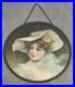 Antique-BEAUTIFUL-WOMAN-Lithograph-CHIMNEY-FLUE-COVER-Round-BLUE-BOW-01-pbhm