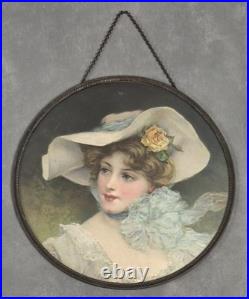 Antique BEAUTIFUL WOMAN Lithograph CHIMNEY FLUE COVER Round BLUE BOW