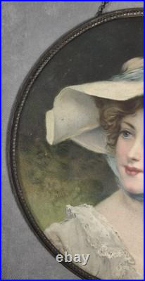 Antique BEAUTIFUL WOMAN Lithograph CHIMNEY FLUE COVER Round BLUE BOW