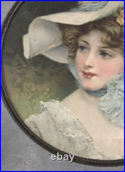 Antique BEAUTIFUL WOMAN Lithograph CHIMNEY FLUE COVER Round BLUE BOW