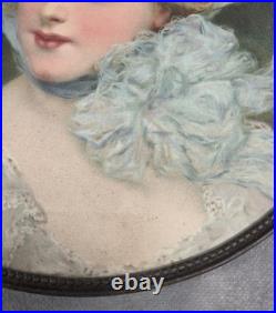 Antique BEAUTIFUL WOMAN Lithograph CHIMNEY FLUE COVER Round BLUE BOW