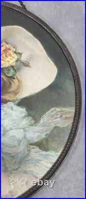Antique BEAUTIFUL WOMAN Lithograph CHIMNEY FLUE COVER Round BLUE BOW