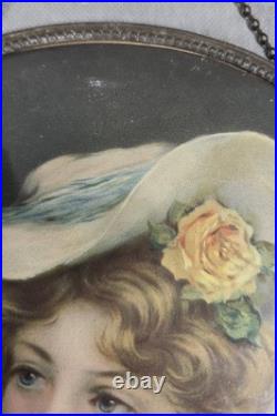 Antique BEAUTIFUL WOMAN Lithograph CHIMNEY FLUE COVER Round BLUE BOW