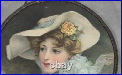 Antique BEAUTIFUL WOMAN Lithograph CHIMNEY FLUE COVER Round BLUE BOW