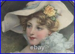 Antique BEAUTIFUL WOMAN Lithograph CHIMNEY FLUE COVER Round BLUE BOW