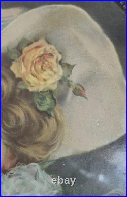 Antique BEAUTIFUL WOMAN Lithograph CHIMNEY FLUE COVER Round BLUE BOW