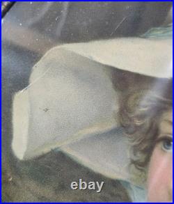 Antique BEAUTIFUL WOMAN Lithograph CHIMNEY FLUE COVER Round BLUE BOW